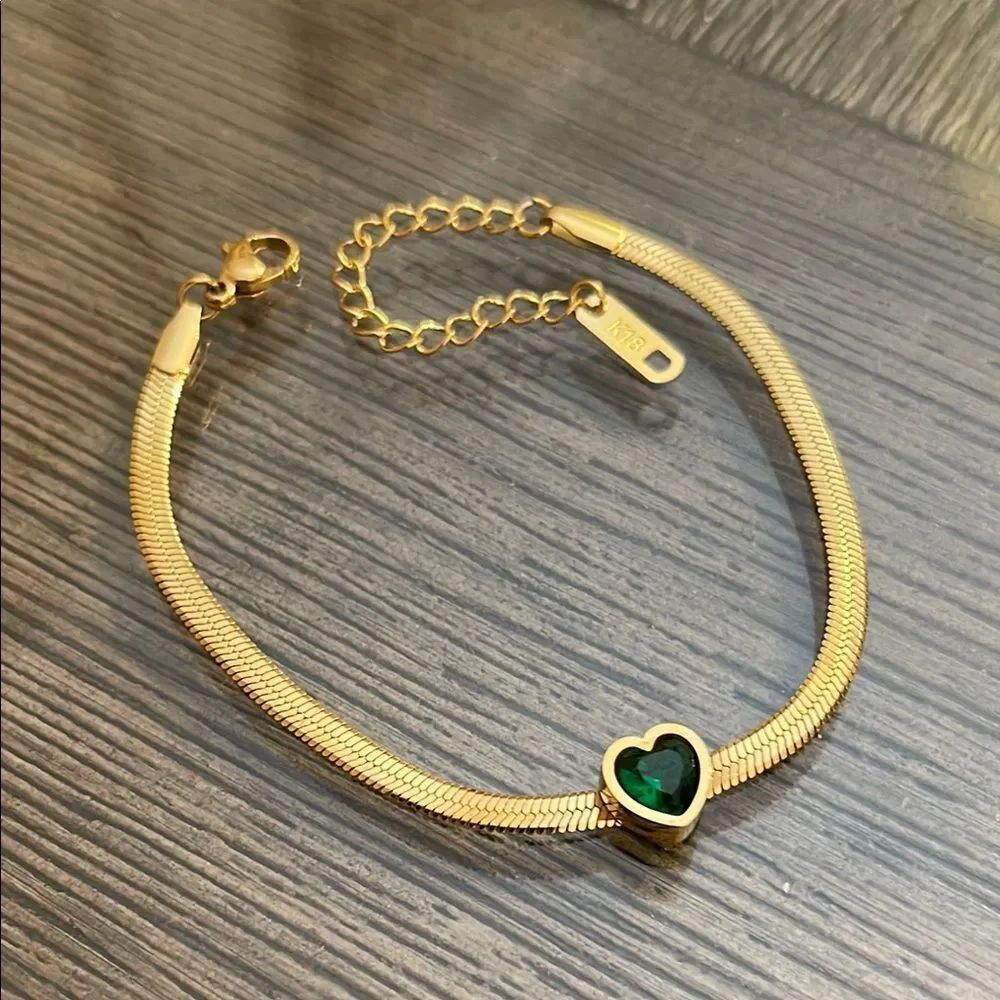 18K Gold Plated Stainless Steel Snake Chain Green Cubic Zirconia Heart Bracelet